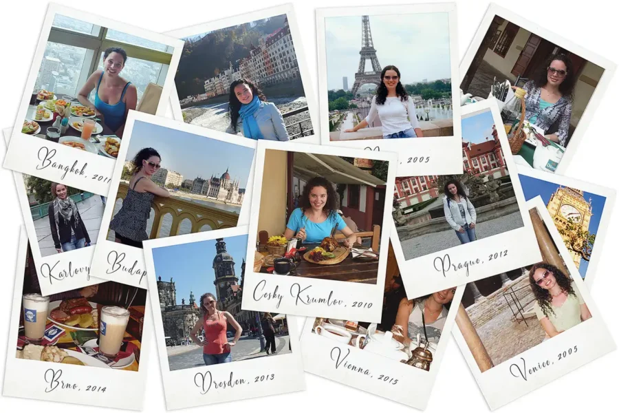 Collage of Yana discovering and tasting traditional dishes during travels, bringing global flavors to Delica Recipes.