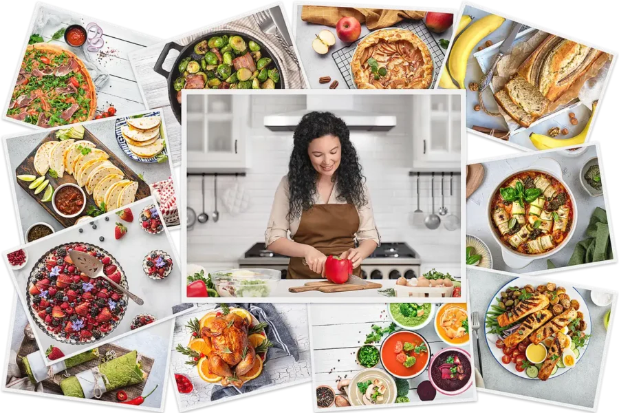 Yana cooking in the kitchen surrounded by homemade dishes, illustrating the story of how Delica Recipes was born.