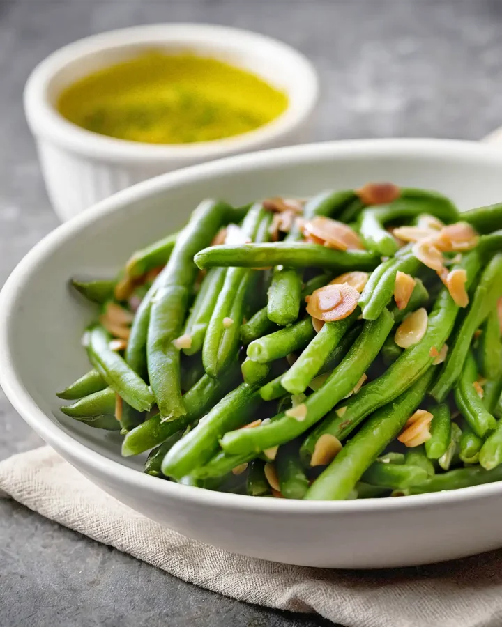 French Green Beans Almondine served in a white bowl, topped with toasted sliced almonds