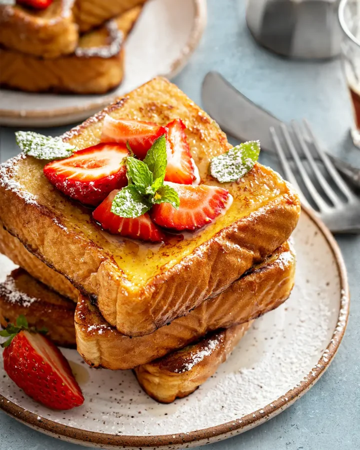 Close-up of French Toast showing their soft, custardy texture and golden-brown edges, topped with fresh strawberries and a dusting of powdered sugar