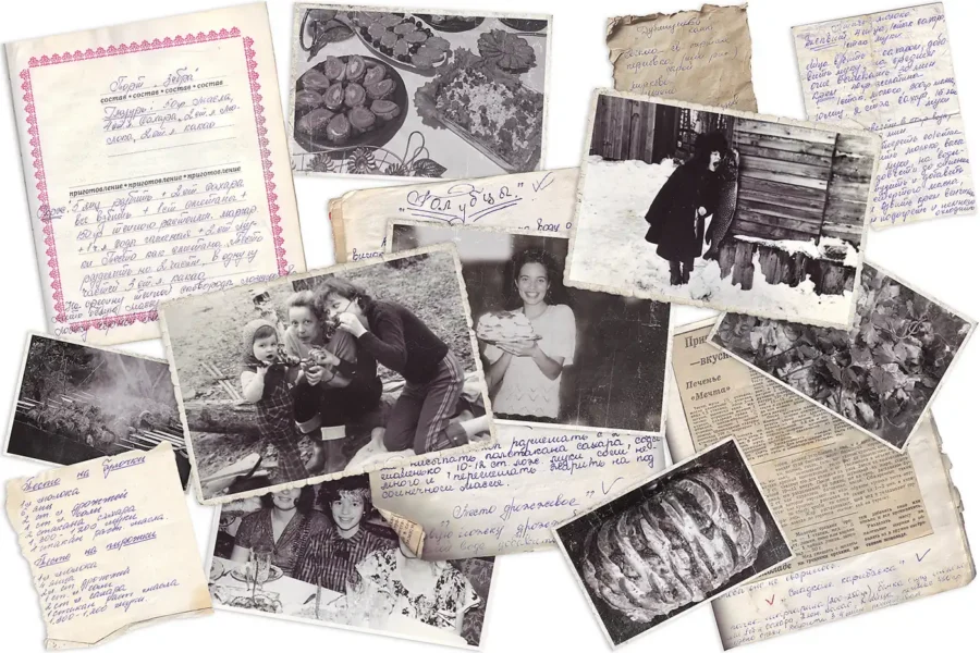 Collage of Yana’s handwritten family recipes and vintage photos, honoring the traditions that inspire Delica Recipes.
