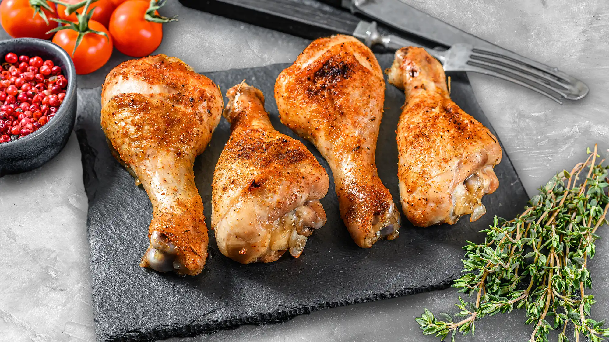 Golden-brown baked chicken drumsticks fresh from oven, served on a dark slate with thyme, tomatoes and peppercorns.