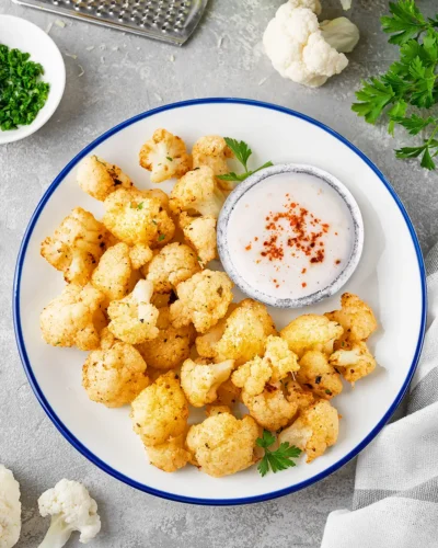 Roasted cauliflower prepared using a quick and easy oven roasted cauliflower recipe.